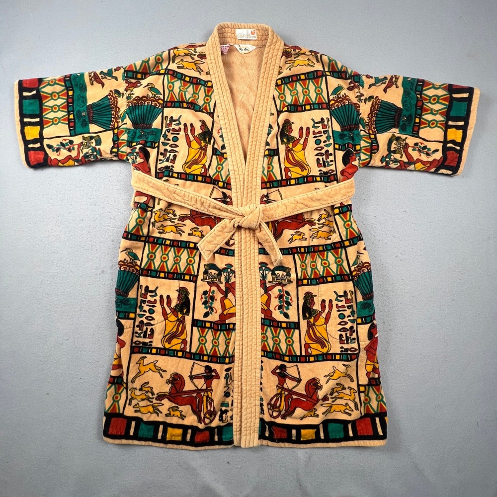State O Maine Bath Robe Hall Brown Egyptian Velour Hieroglyph Shower Loungewear